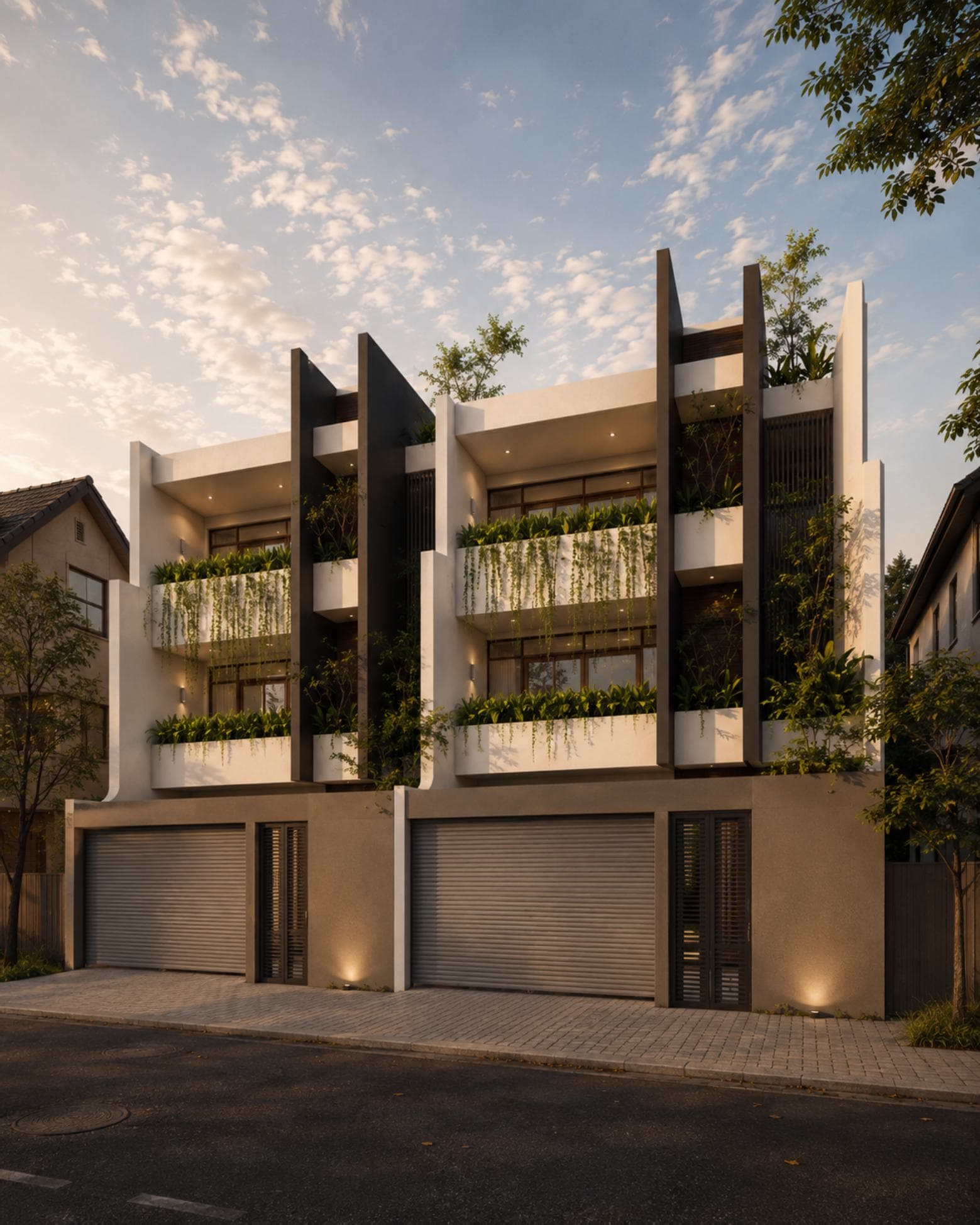 No. 10/10A, Upul Place, Sirimal Uyana — the mirrored pair with cascading balcony planting