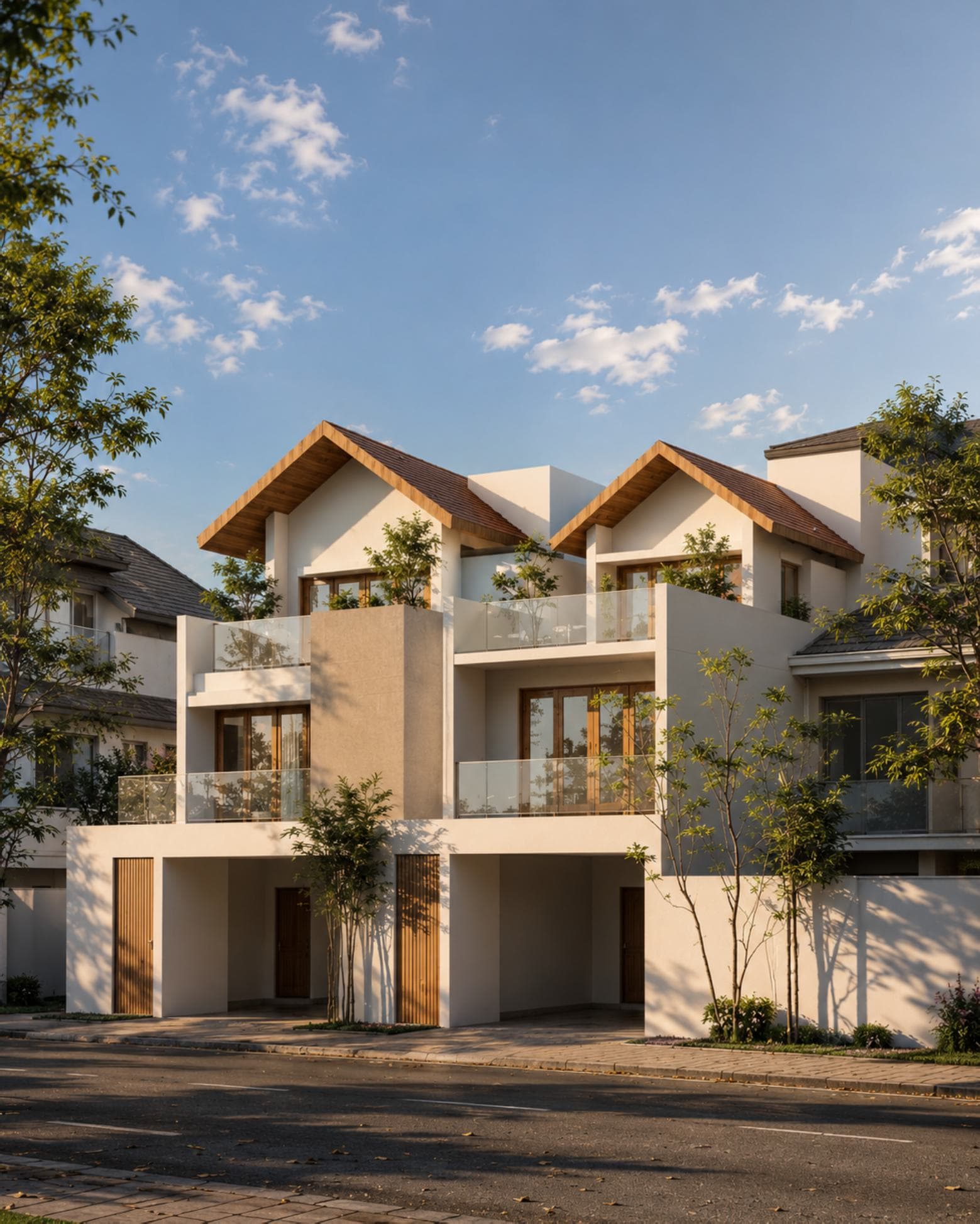 No. 22/22B, Mallikarama, Ratmalana — the mirrored pair seen from the street, twin gabled roofs above undercroft parking