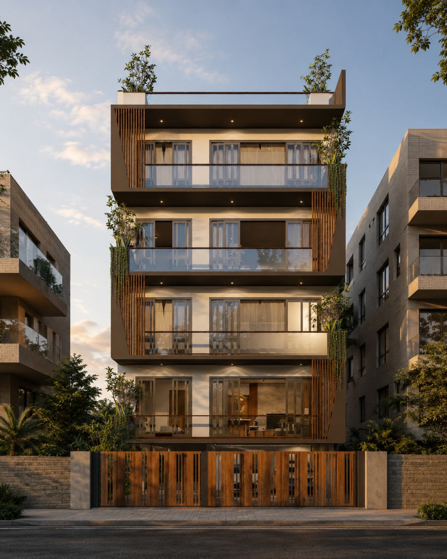 Vivienda, De Seram Road, Mount Lavinia — street elevation at dusk, four stacked apartment floors behind timber gates